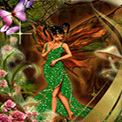 Аватар Девушка в серебристом зеленом платье и крыльями за спиной гуляет по лесу, где растут цветы, грибы и летают бабочки