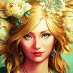 Аватар Девушка с золотыми волосами, с бирюзовыми глазами и украшениями на голове, ушах и шее в виде перьев, цветов и бирюзовых камней, арт от Viccolatte