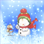 Аватар Снеговик везет на санках мышонка по лесу, идет снег