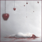 Аватар Девушка лежит в воде, над ней раскачиваются яблоки, привязанные к ниткам, клубится туман