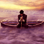 Аватар Мужчина в черной шляпе, сидящей в деревянной лодке, парящей среди облаков, медитирует, облокотившись двумя руками на свою трость